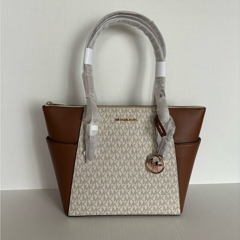 NWT Michael Kors Charlotte Top Zip Tote MK Signature Shoulder Bag  Vanilla